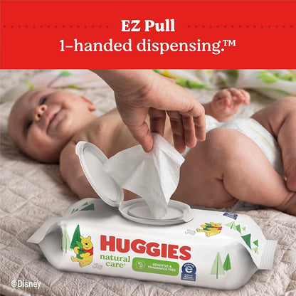 Huggies Natural Care Sensitive Toallitas para bebé, sin perfume, hipoalergénicas, 99% de agua purificada, 3 paquetes abatibles (168 toallitas en total)