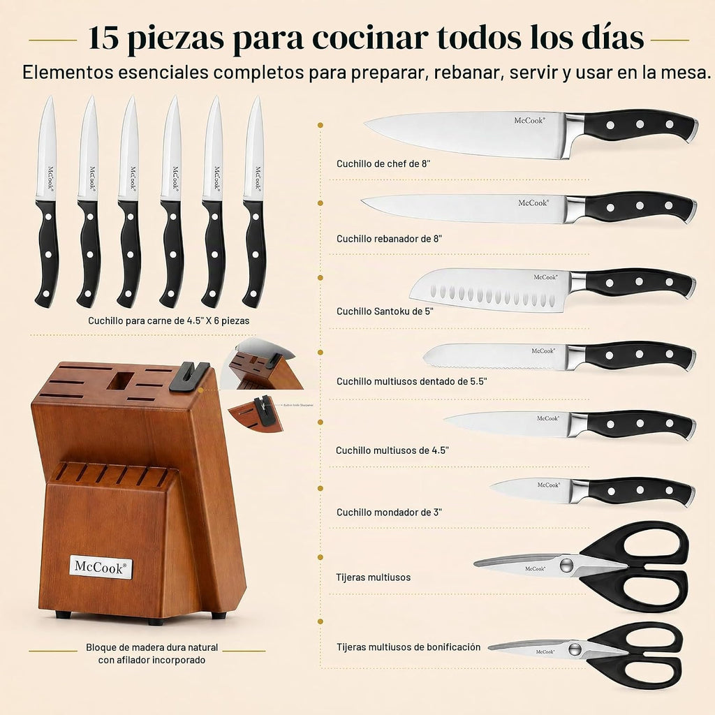 McCook Juego de cuchillos de cocina de 15 piezas con afilador incor...