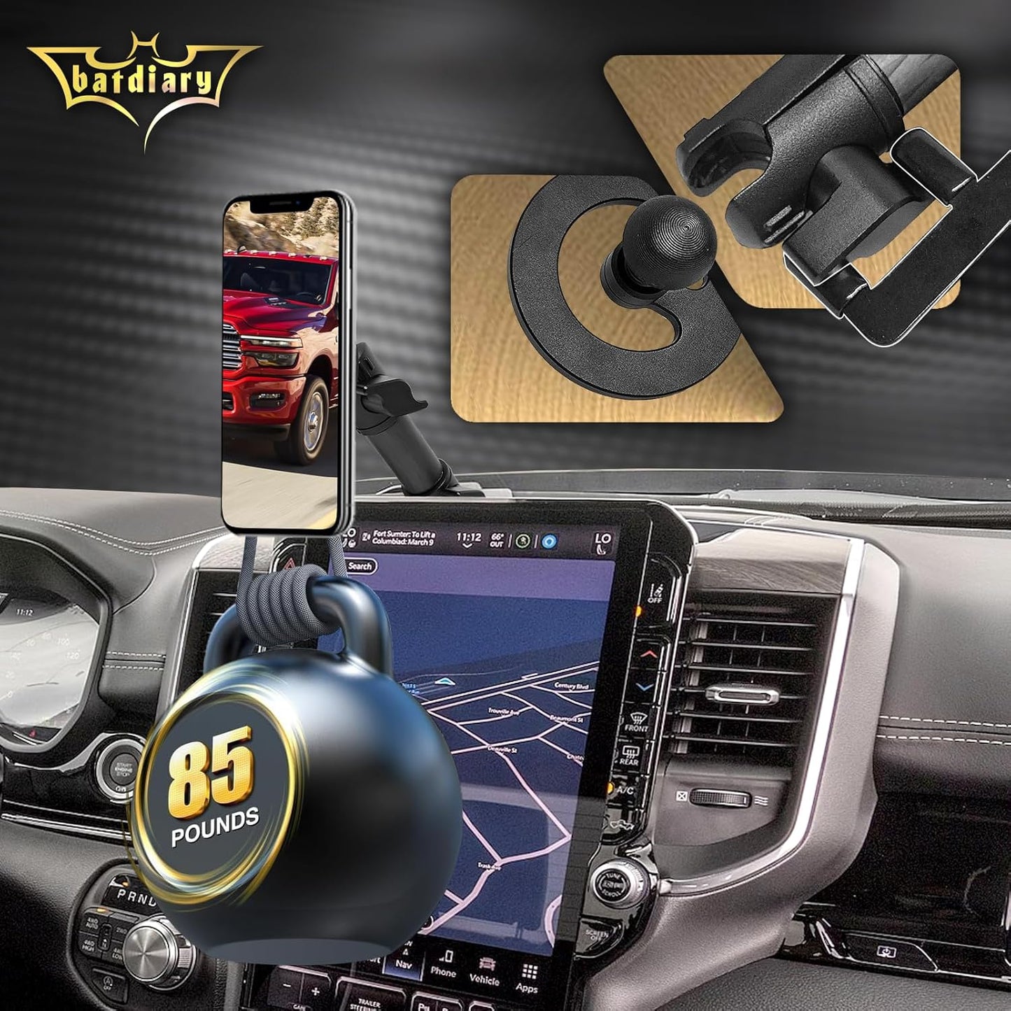 Ram 1500 - Soporte magnético para teléfono compatible con Dodge Ram 1500 2500 3500 TRX Accesorios de fibra de carbono de metal para teléfono celular, montaje en tablero, instalación sin