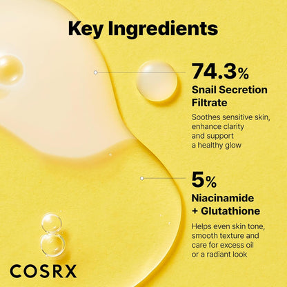 COSRX Mucina de Caracol 74% + Niacinamida 5% Doble Esencia, Suero Facial Antienvejecimiento para Piel Opaca, Piel Sensible, No Testado en Animales, Cuidado de la Piel Coreano, Regalos para Mujeres
