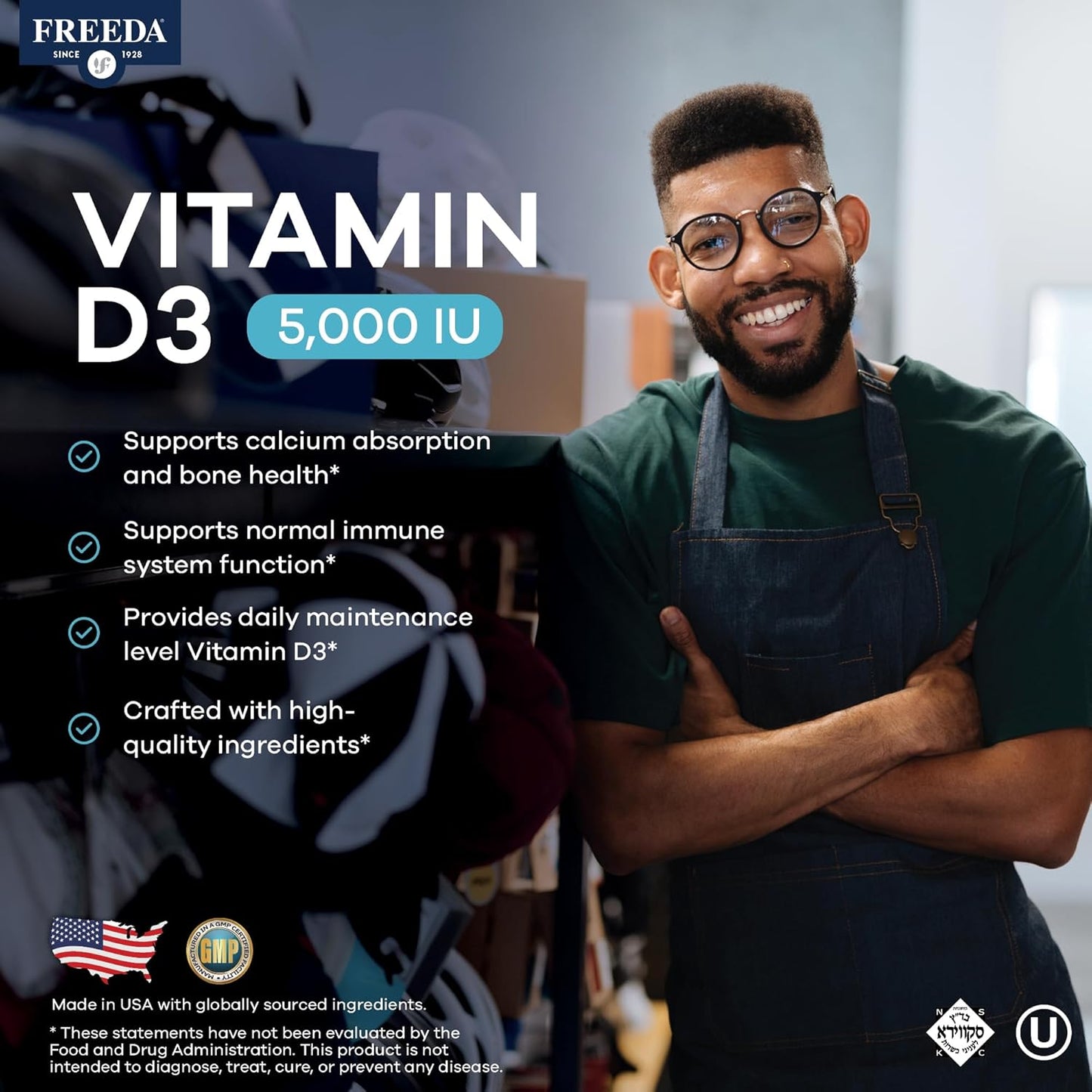 FREEDA Vitamina D3-5000 UI - Tabletas de suplemento Kosher de alta...