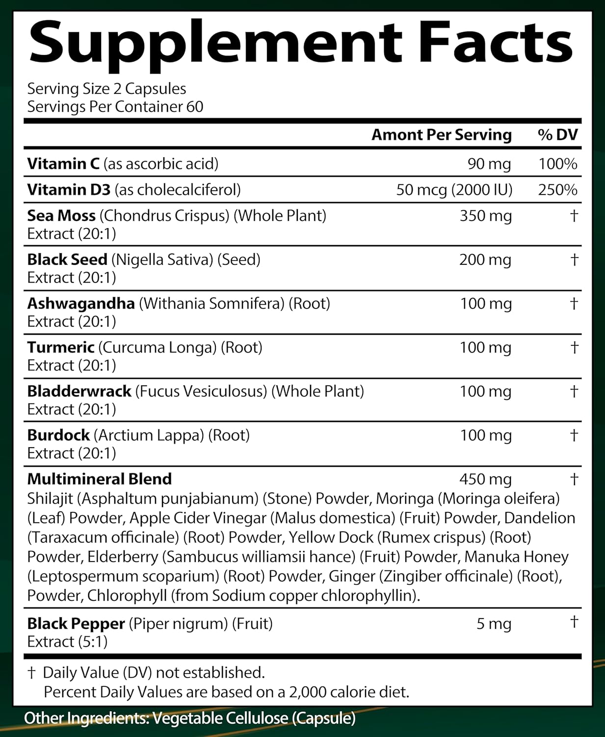 Aceite de Semilla Negra de Musgo Marino Ashwagandha Jengibre, Cápsu...
