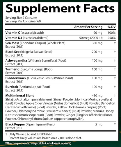 Aceite de Semilla Negra de Musgo Marino Ashwagandha Jengibre, Cápsu...