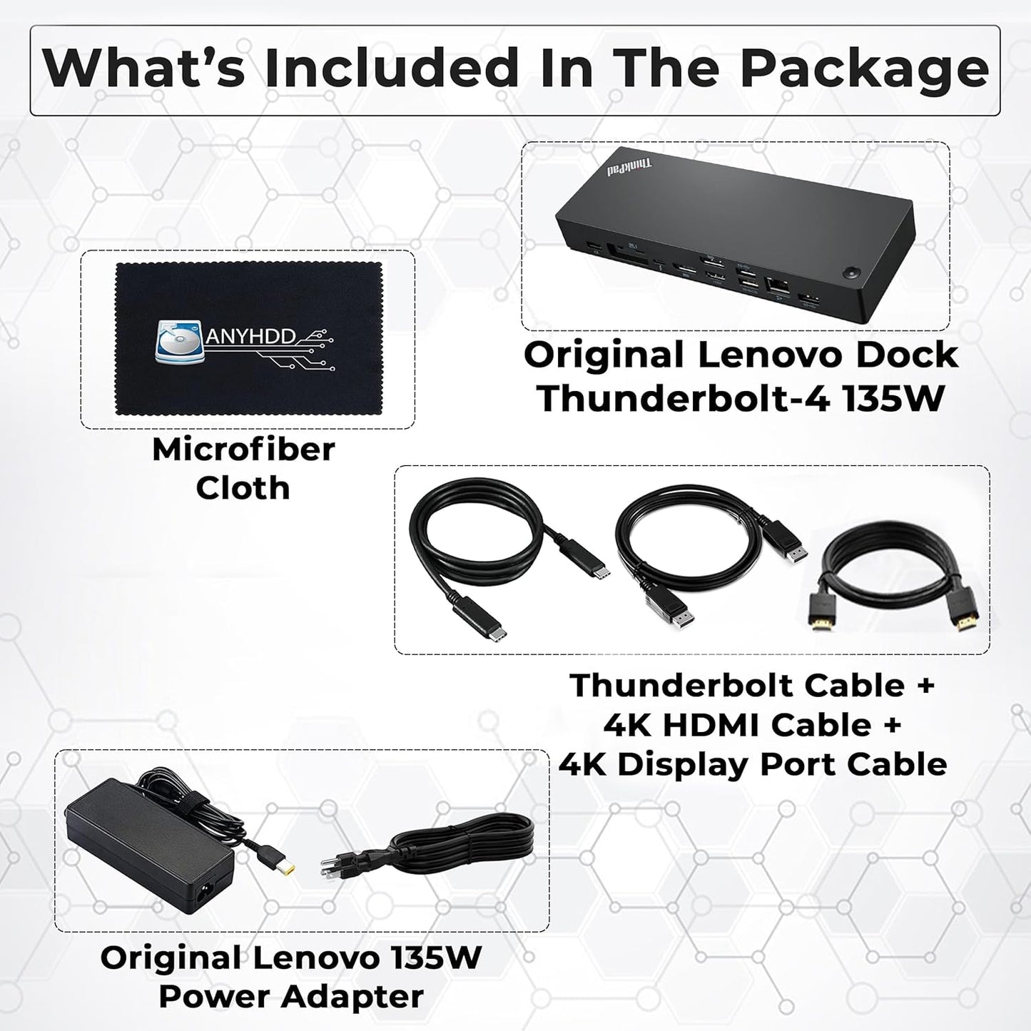40B00135US Lenovo Thinkpad Docking Station USB C - 1 año de garantía, compatible con pantalla 4K, Thunderbolt 4 Dock con adaptador de 135W, HDMI, DisplayPort, cables Thunderbolt y paño - Estación de