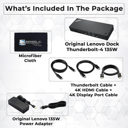 40B00135US Lenovo Thinkpad Docking Station USB C - 1 año de garantía, compatible con pantalla 4K, Thunderbolt 4 Dock con adaptador de 135W, HDMI, DisplayPort, cables Thunderbolt y paño - Estación de