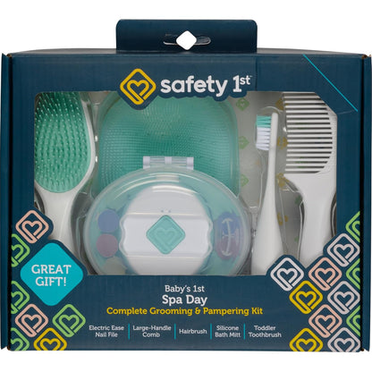 Safety 1st Kit de primer día de spa para bebé, lima de uñas eléctrica, guante de baño suave, cepillo de dientes para niños, cepillo de pelo y peine, juego de aseo infantil