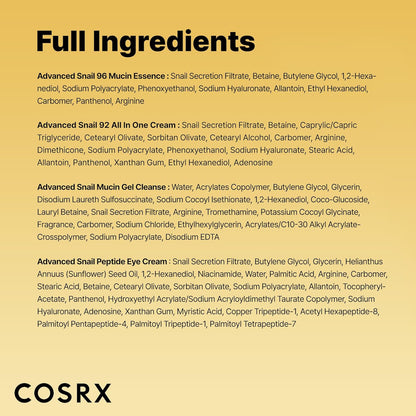 COSRX All About Snail Mucin - Juego de cuidado de la piel coreano, mini artículos esenciales de viaje, juego de regalo de tamaño de viaje con lavado facial de mucina de caracol, suero, crema hidratante y crema para ojos, kit rejuvenecedor