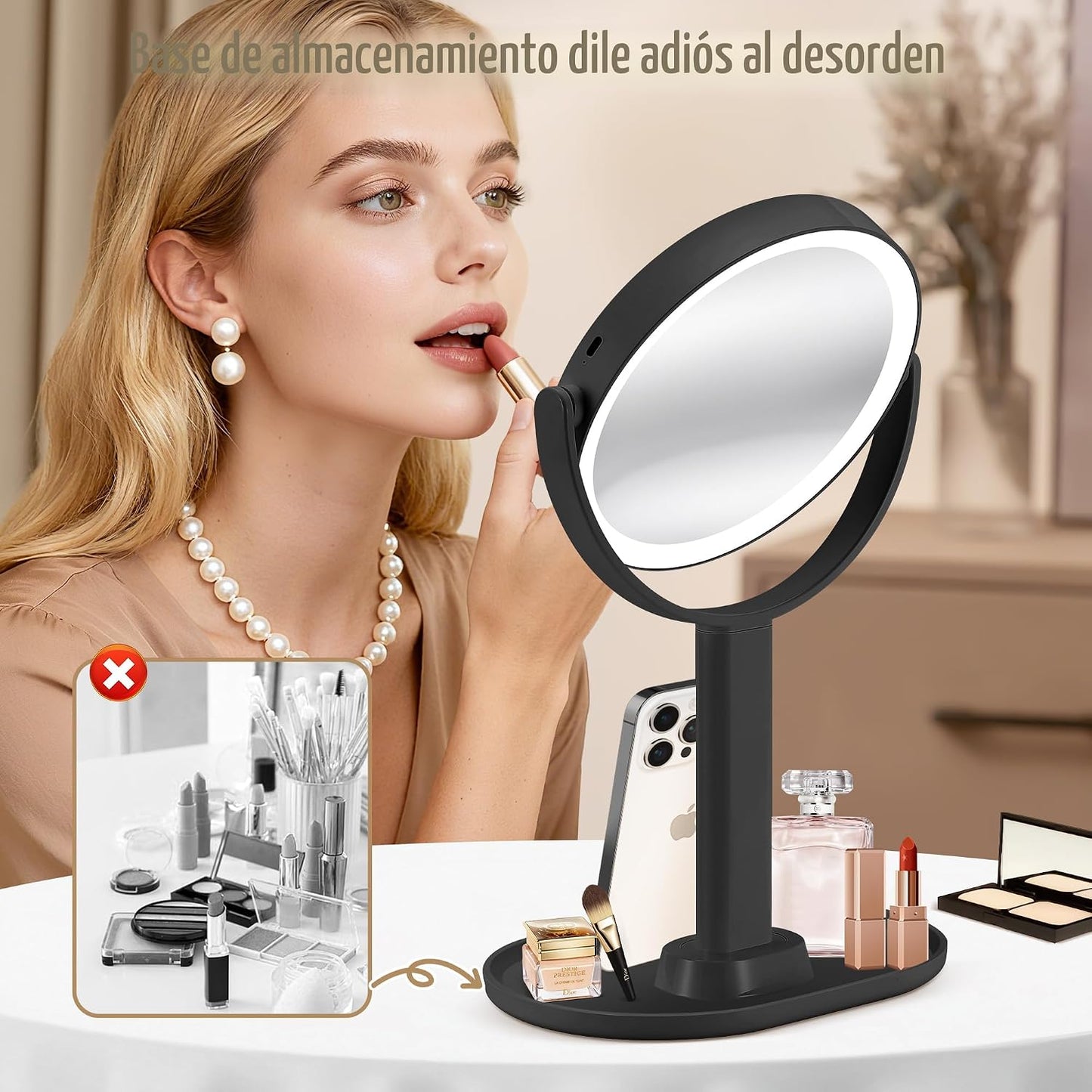 MOMOKUBA Espejo de maquillaje con luces, espejo de aumento de doble...