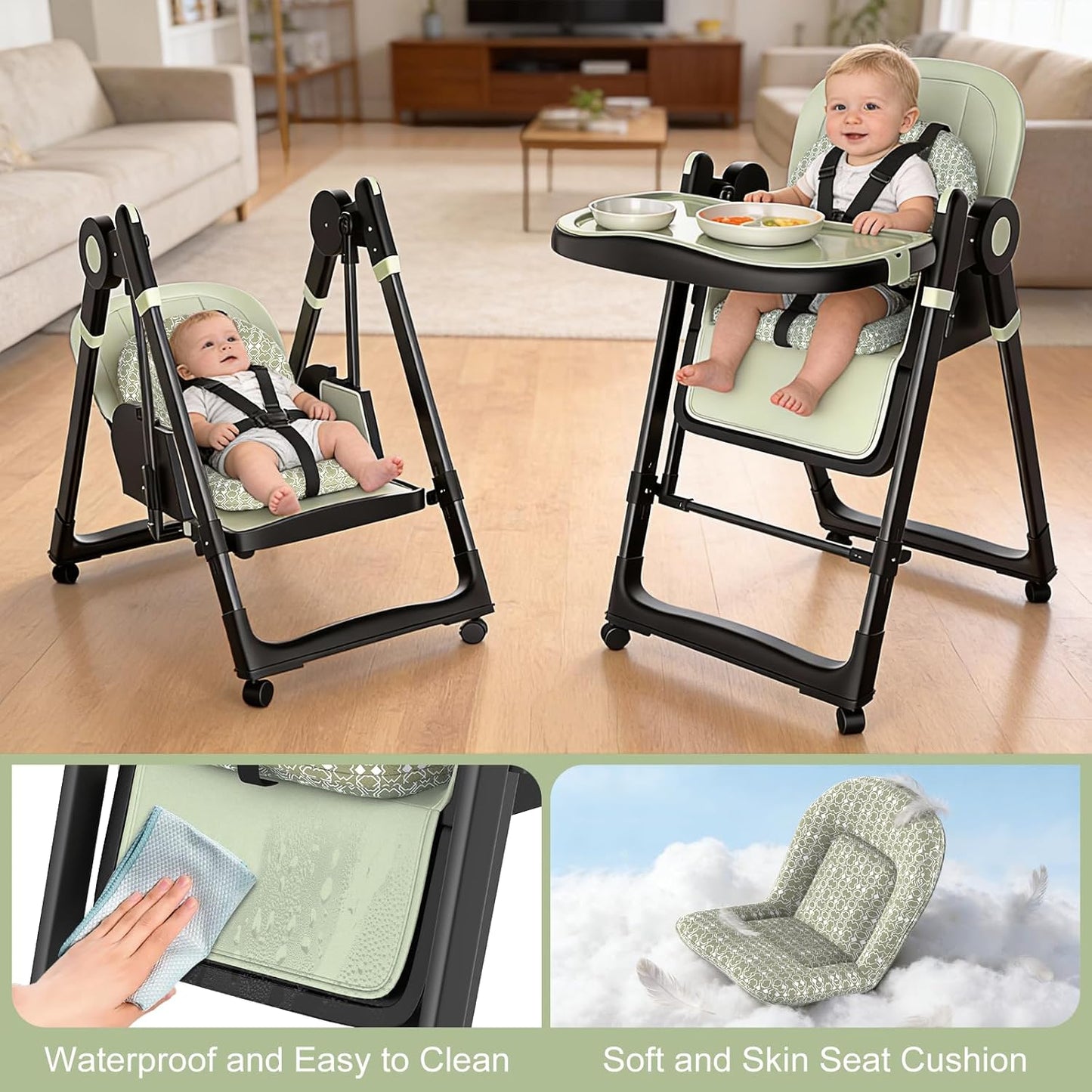 Silla alta plegable para bebés y niños pequeños, columpios portátil...
