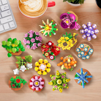 Juego de 24 flores y suculentas, 2160 piezas, colección botánica de 0.142 in, kit de mini flores para decoración del hogar, oficina, bloques de plantas, juguetes, regalos de fiesta de Pascua