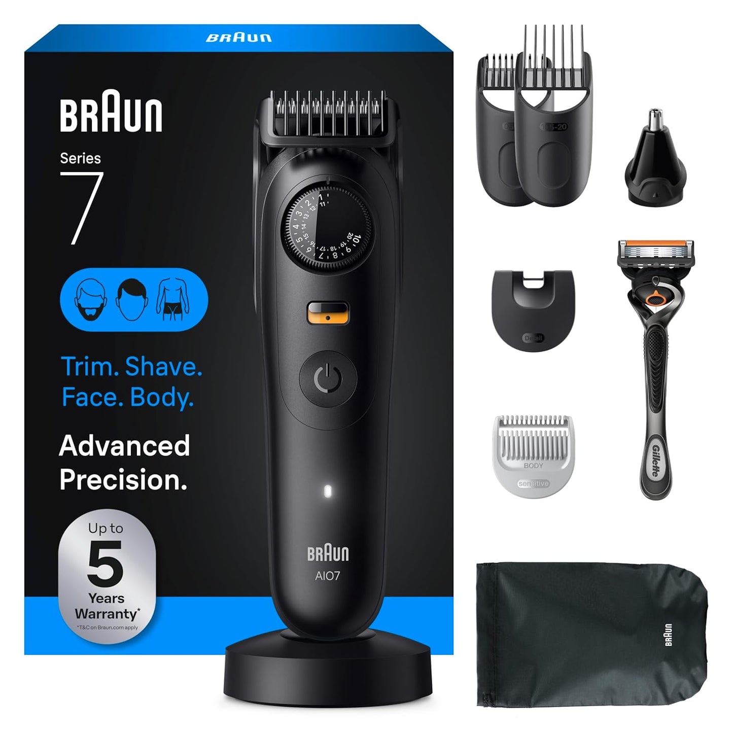 Braun Serie 7 todo en uno Kit de aseo para barba y cuerpo para hombres, recortadora inalámbrica, cortadora de pelo y afeitadora para cara, cabello y cuerpo con maquinilla de afeitar Gillette ProGlide