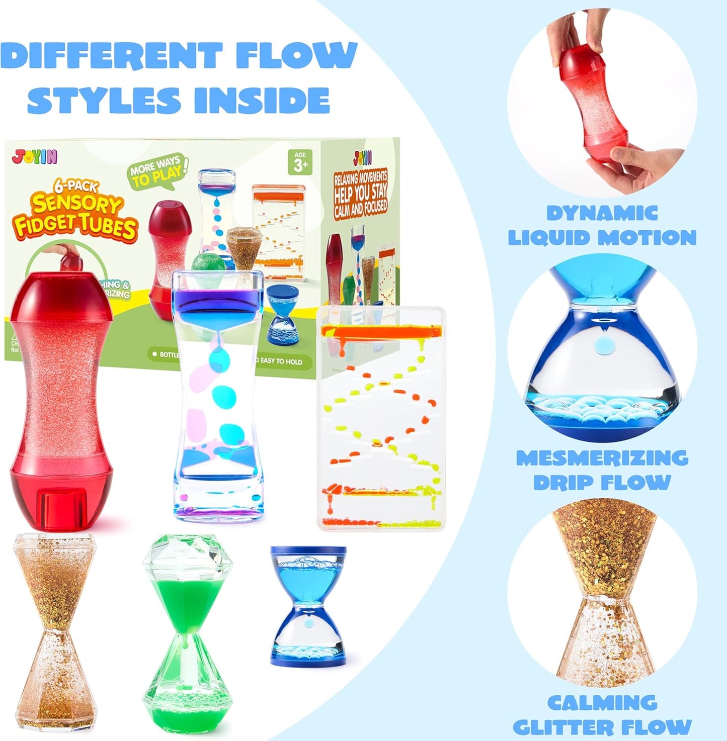 JOYIN 6 tubos sensoriales antiestrés para niños con autismo, botellas sensoriales de agua calmante para aliviar el estrés, juguetes silenciosos para el aula, calma en las esquinas, premios y juguete