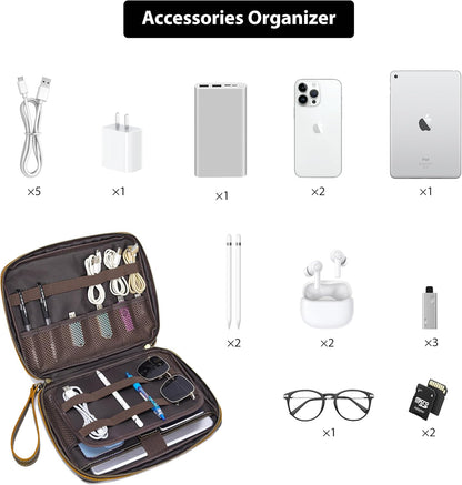 LANNSYNE Organizador electrónico de cuero de grano completo accesorio bolsa de tecnología de viaje, bolsa de accesorios de cable, estuche de transporte de almacenamiento para cargador, teléfono, banco
