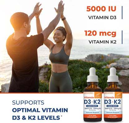 Gotas de vitamina D3 K2 de Sandhu para adultos | 5000 UI de D3 líqu...