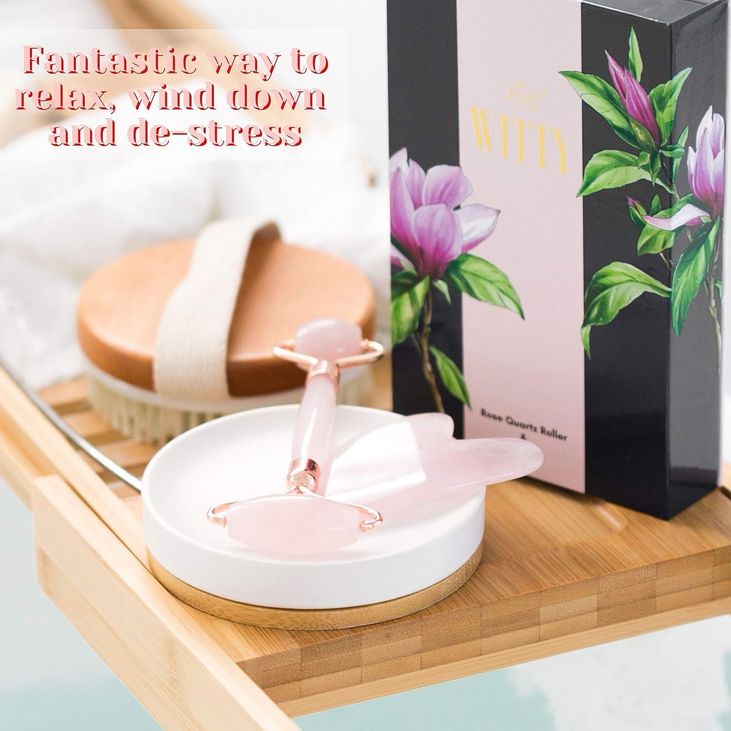WITTY Rodillo de cuarzo rosa para cara, piedra Gua Sha en caja de r...