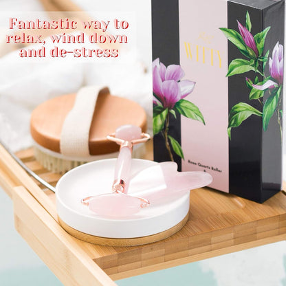 WITTY Rodillo de cuarzo rosa para cara, piedra Gua Sha en caja de r...
