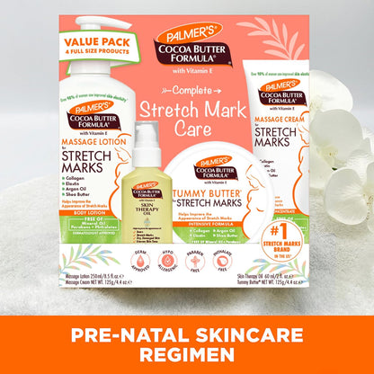 Kit de Cuidado de la Piel Palmer's con Fórmula de Manteca de Cacao para Estrías y Cicatrices, Aprobado por Dermatólogos, Regalo para Mamá, Juego de 4 Piezas de Tamaño Completo