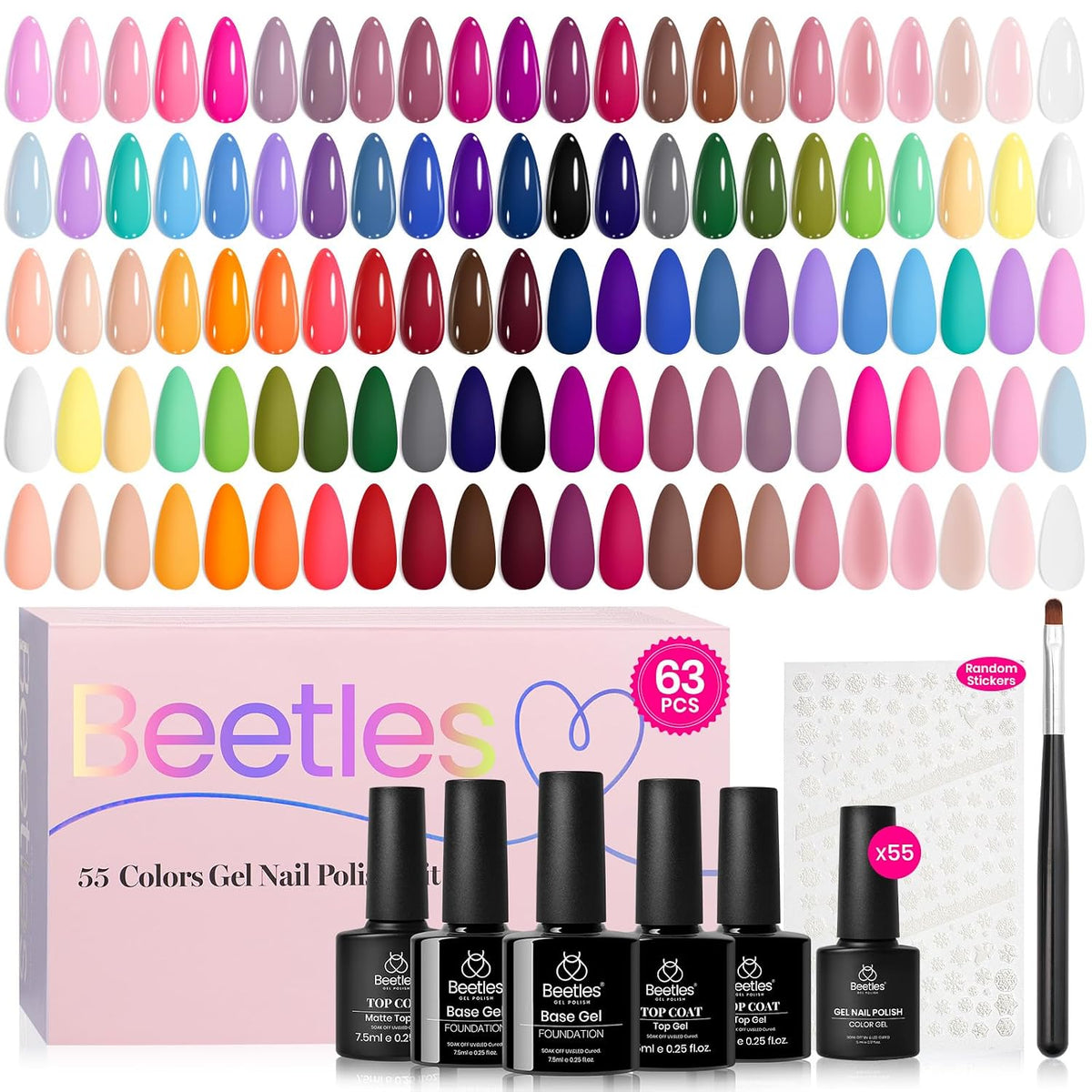 Beetles - Juego de esmaltes de uñas de gel, 63 piezas, 55 colores,...