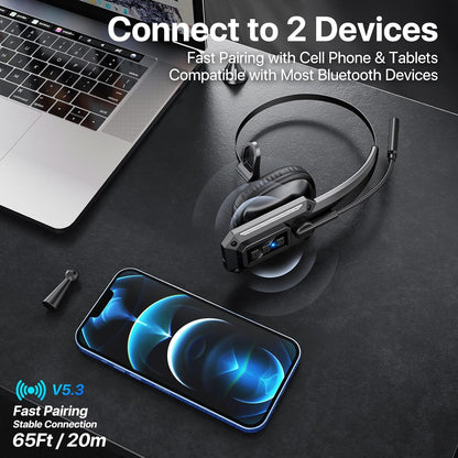 Trucker - Auriculares Bluetooth con micrófono, auriculares inalámbricos con micrófono de cancelación de ruido y botón de silencio, batería de 60 horas, auriculares Bluetooth sobre la cabeza para el trabajo, teléfono celular, laptop, oficina, negro