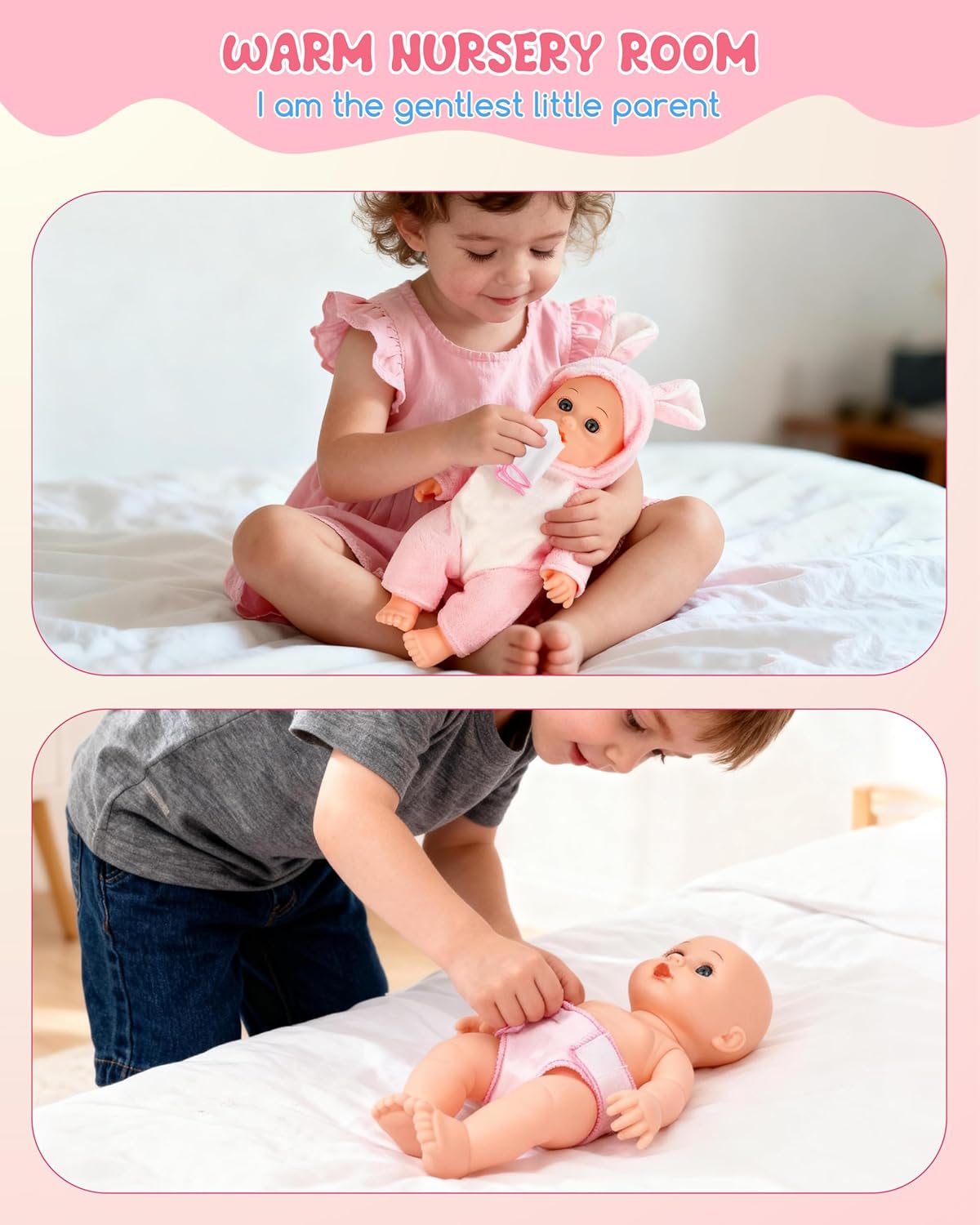Juego de cochecito de muñeca con 2 trajes de muñeca, cochecito de bebé de juguete para muñecas con pañal, babero y mini bolsa, regalo imaginativo para juegos de roles para niños mayores de