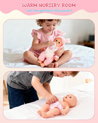 Juego de cochecito de muñeca con 2 trajes de muñeca, cochecito de bebé de juguete para muñecas con pañal, babero y mini bolsa, regalo imaginativo para juegos de roles para niños mayores de
