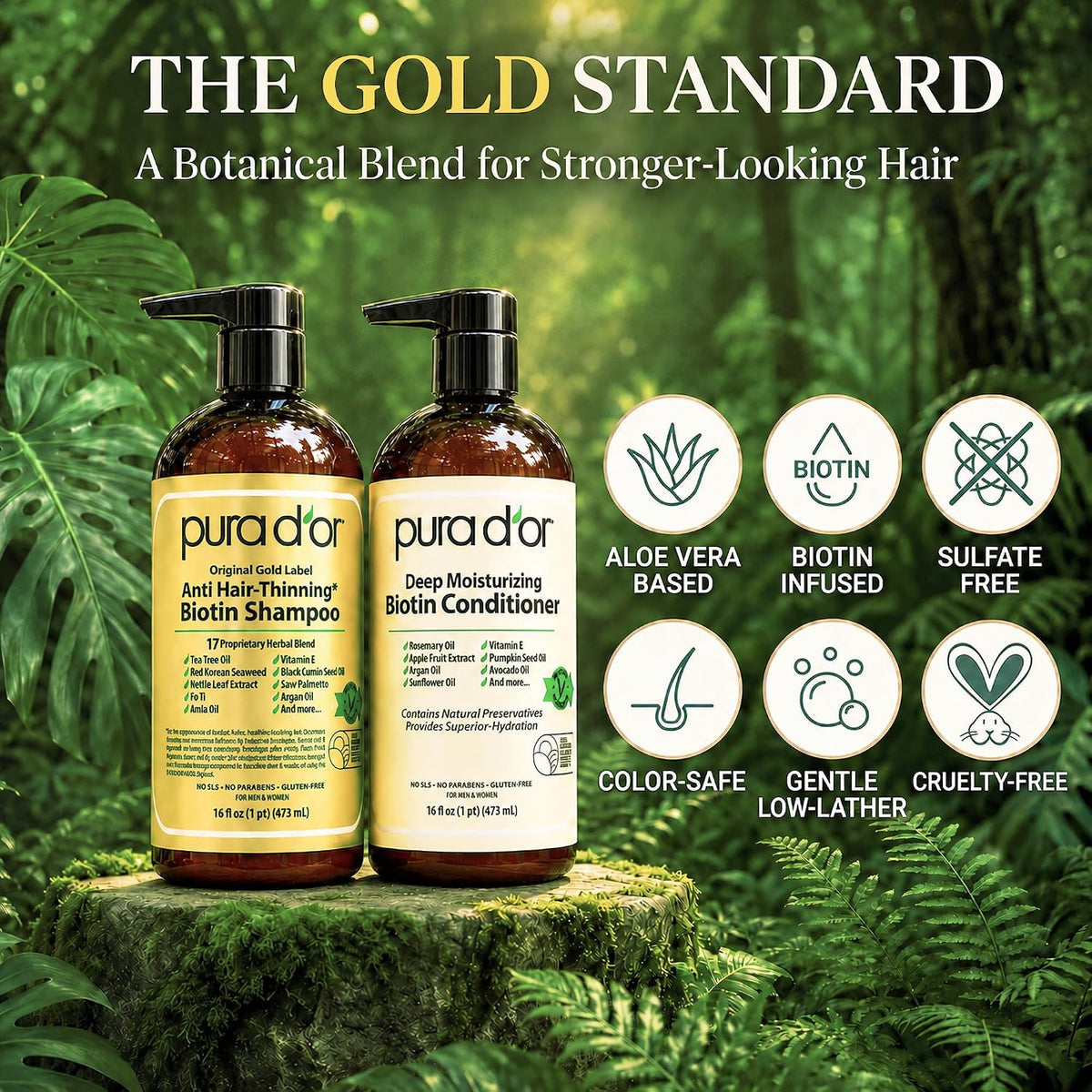 PURA D'OR Gold Label - Champú y acondicionador de biotina antia...