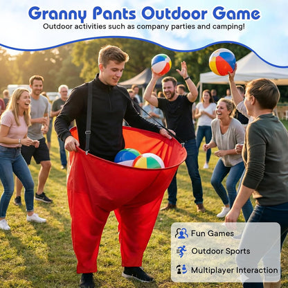 Juego de 2 pantalones de abuela con tirantes, 16 bolas hinchables y 2 bombas, divertido juego de fiesta al aire libre para adultos, niños, reuniones familiares y días de campo
