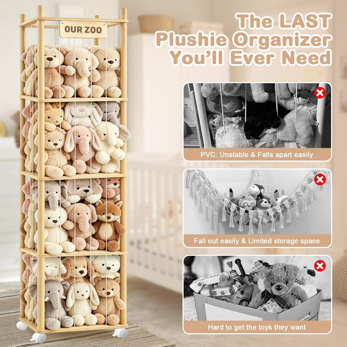 Almacenamiento de animales de peluche de madera, ajustable de 1 a 4...