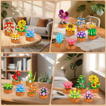 Juego de 24 flores y suculentas, 2160 piezas, colección botánica de 0.142 in, kit de mini flores para decoración del hogar, oficina, bloques de plantas, juguetes, regalos de fiesta de Pascua