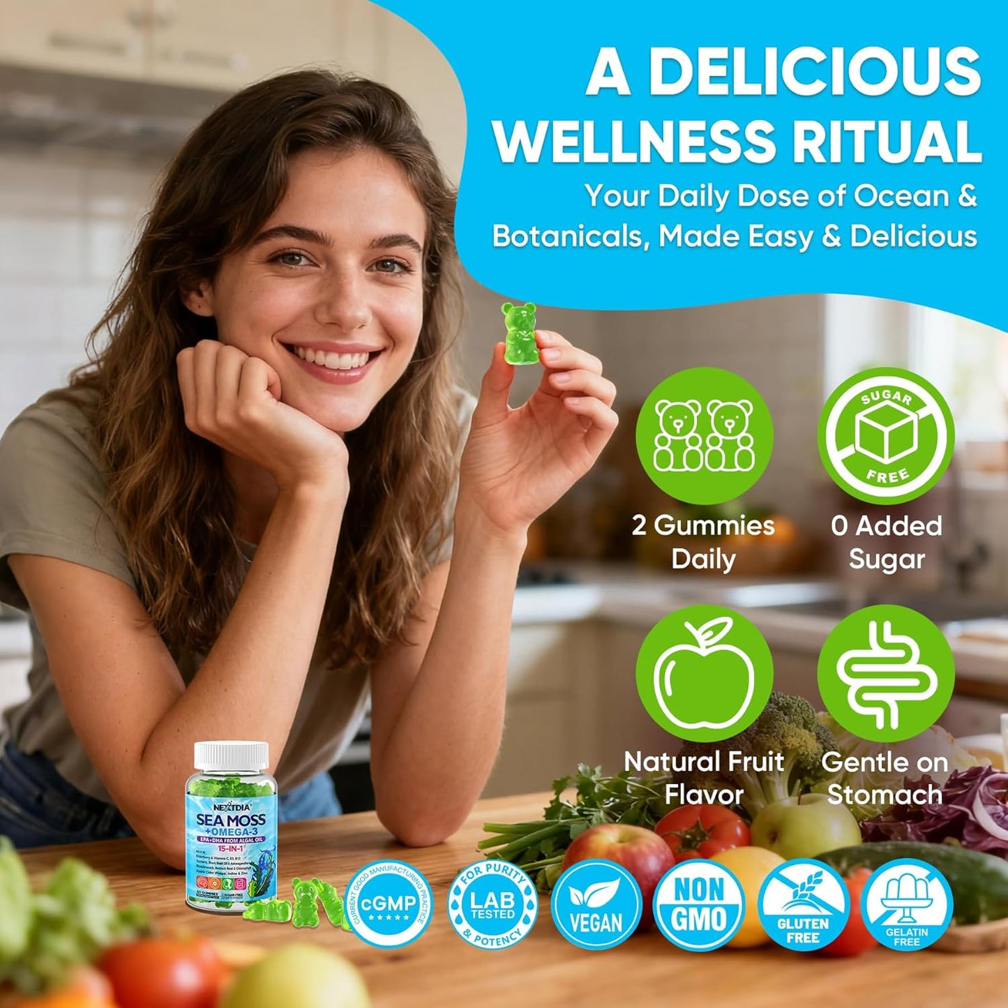 Gomitas de musgo marino + algas omega-3 para hombres y mujeres, veg...