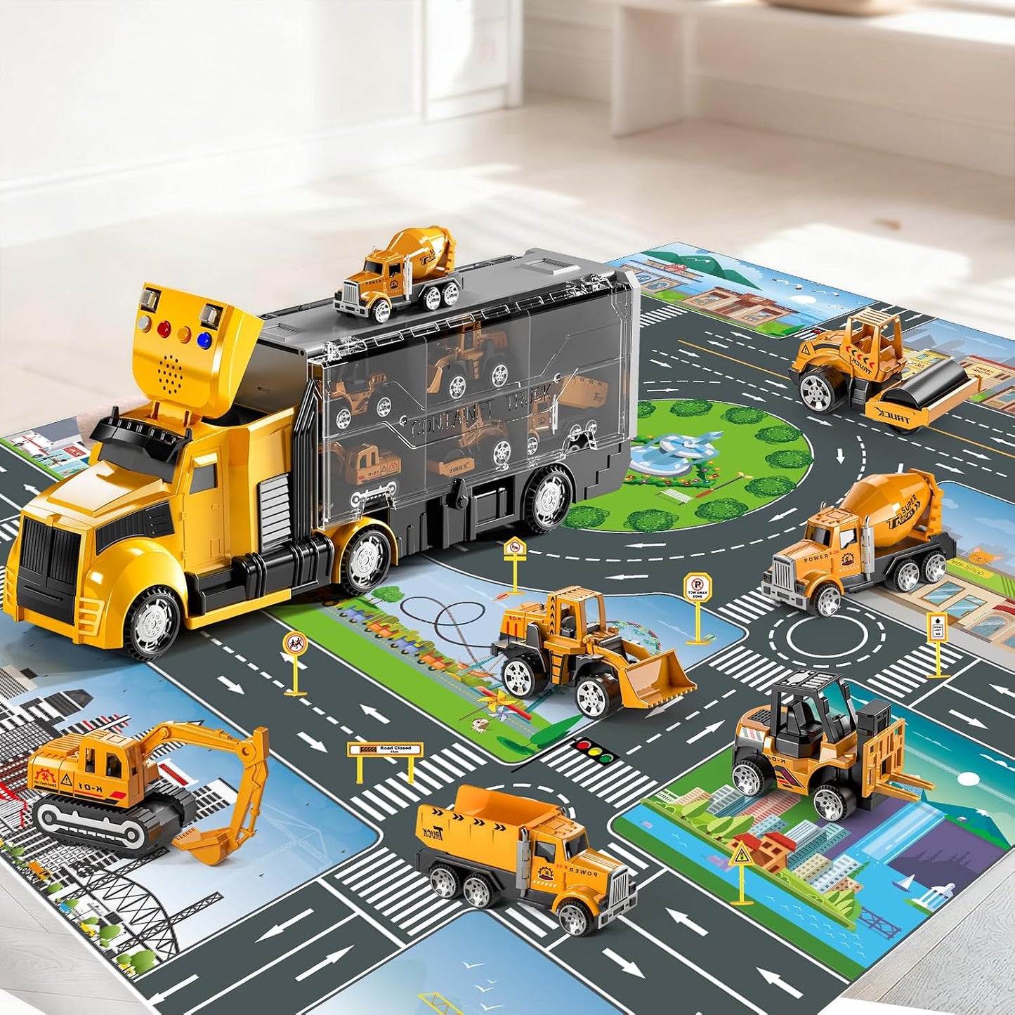 NIPLOOOW Juego de juguetes de camiones de construcción con alfombra...