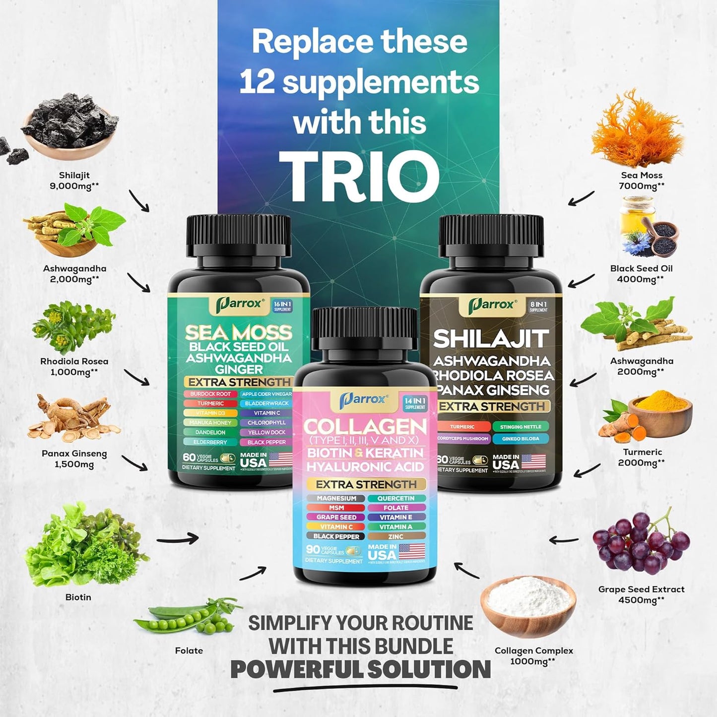Parrox Ultimate Wellness Trio - Musgo marino, aceite de semilla neg...
