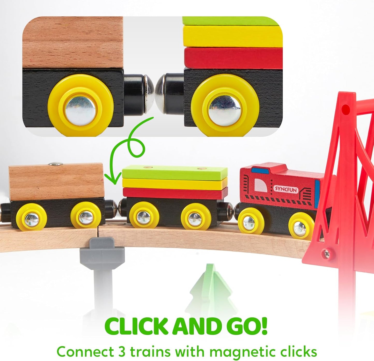 Juego de trenes de madera de 60 piezas, trenes magnéticos de juguet...