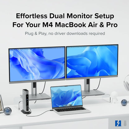 Plugable Base Thunderbolt 4 16 en 1: monitores 4K duales para MacBook Air/Pro M4/M5, carga de 100 W, 2 HDMI, 2 puertos DisplayPort, Ethernet 2.5G, 7 USB, lector de tarjetas MicroSD/SD, compatible con Windows y USB4
