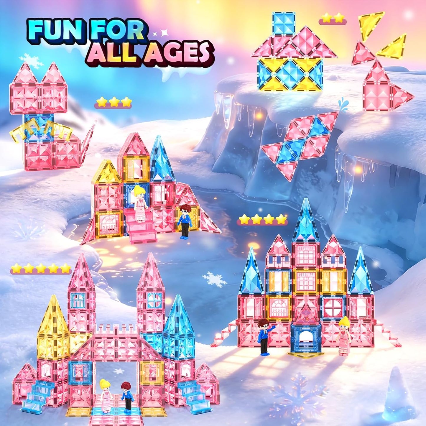 Magnetic Tiles 102pcs with 2 Stairs 2 Dolls Princess Castle Magneti...