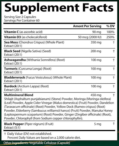 Aceite de Semilla Negra de Musgo Marino Ashwagandha Jengibre, Cápsu...