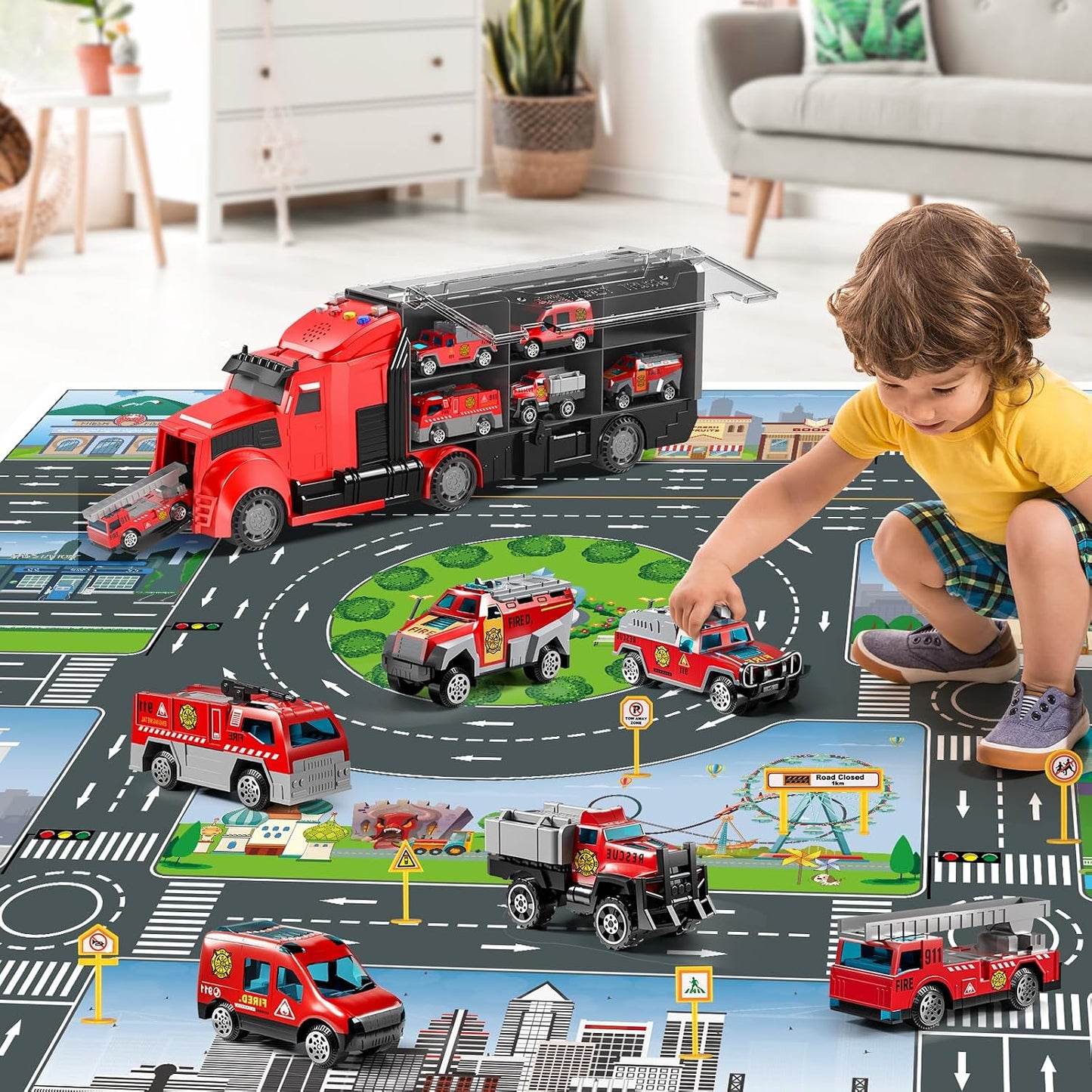NIPLOOOW Juego de Camiones de Bomberos con Alfombra de Juego, Juego...