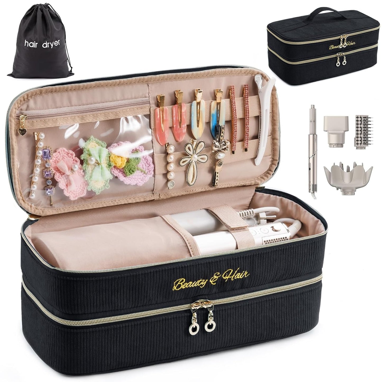 ELCUPA Estuche de viaje para herramientas de cabello de doble capa...