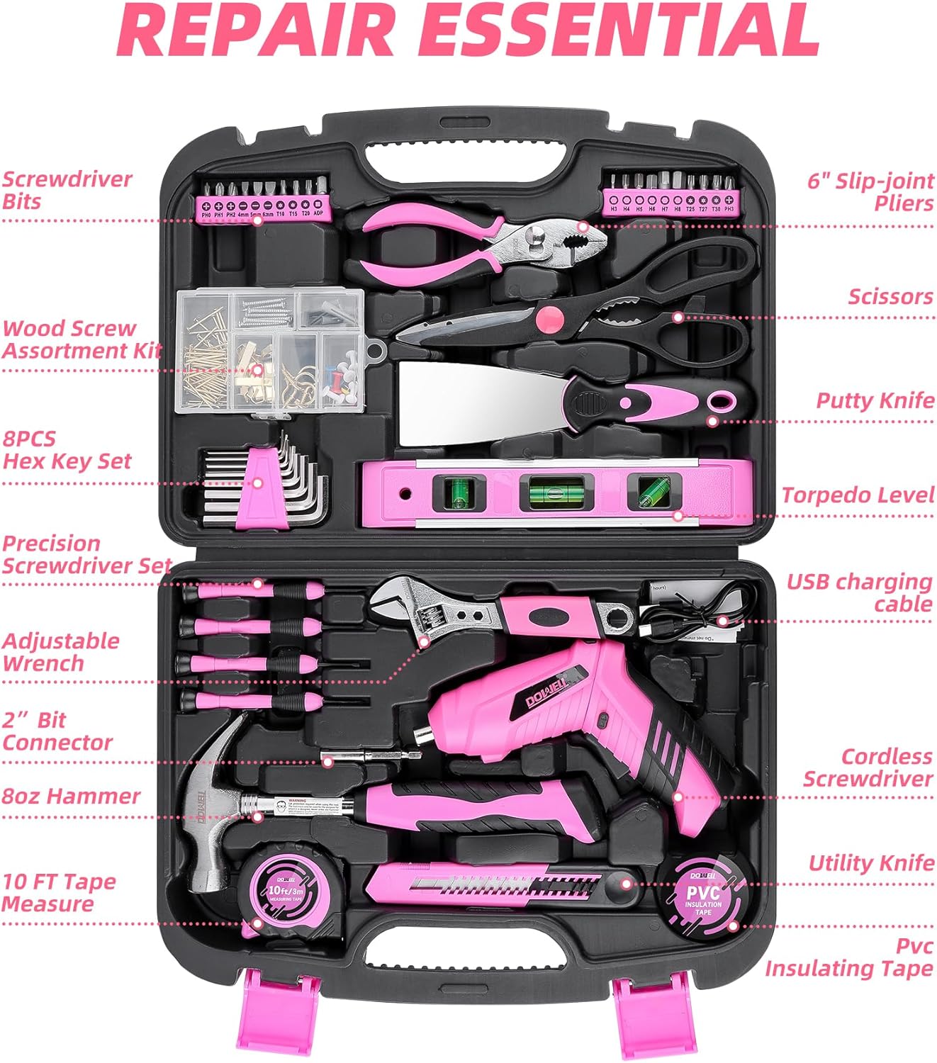 Juego de herramientas de 143 piezas rosa para propietario de casa c...
