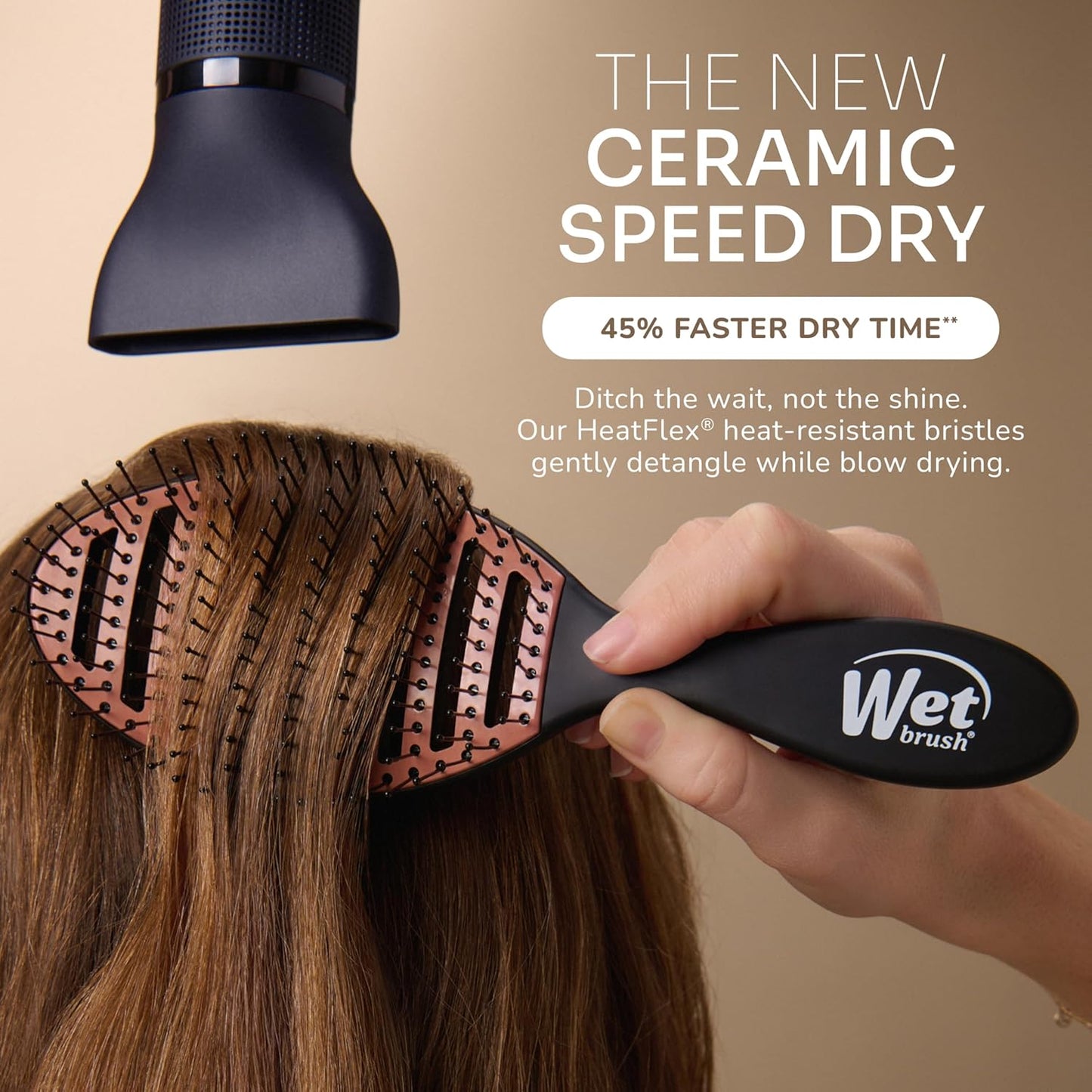 Wet Brush Cepillo de pelo de cerámica Speed Dry color negro, diseño ventilado y cerdas suaves HeatFlex para un estilo seguro de secado por soplado, mango ergonómico para desenredar sin dolor