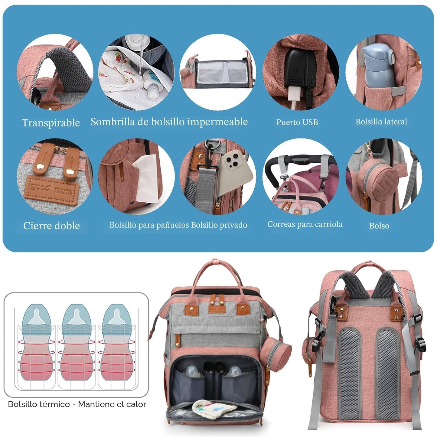 Jeryswet - Mochila para pañales con cambiador, mochila de gran capa...