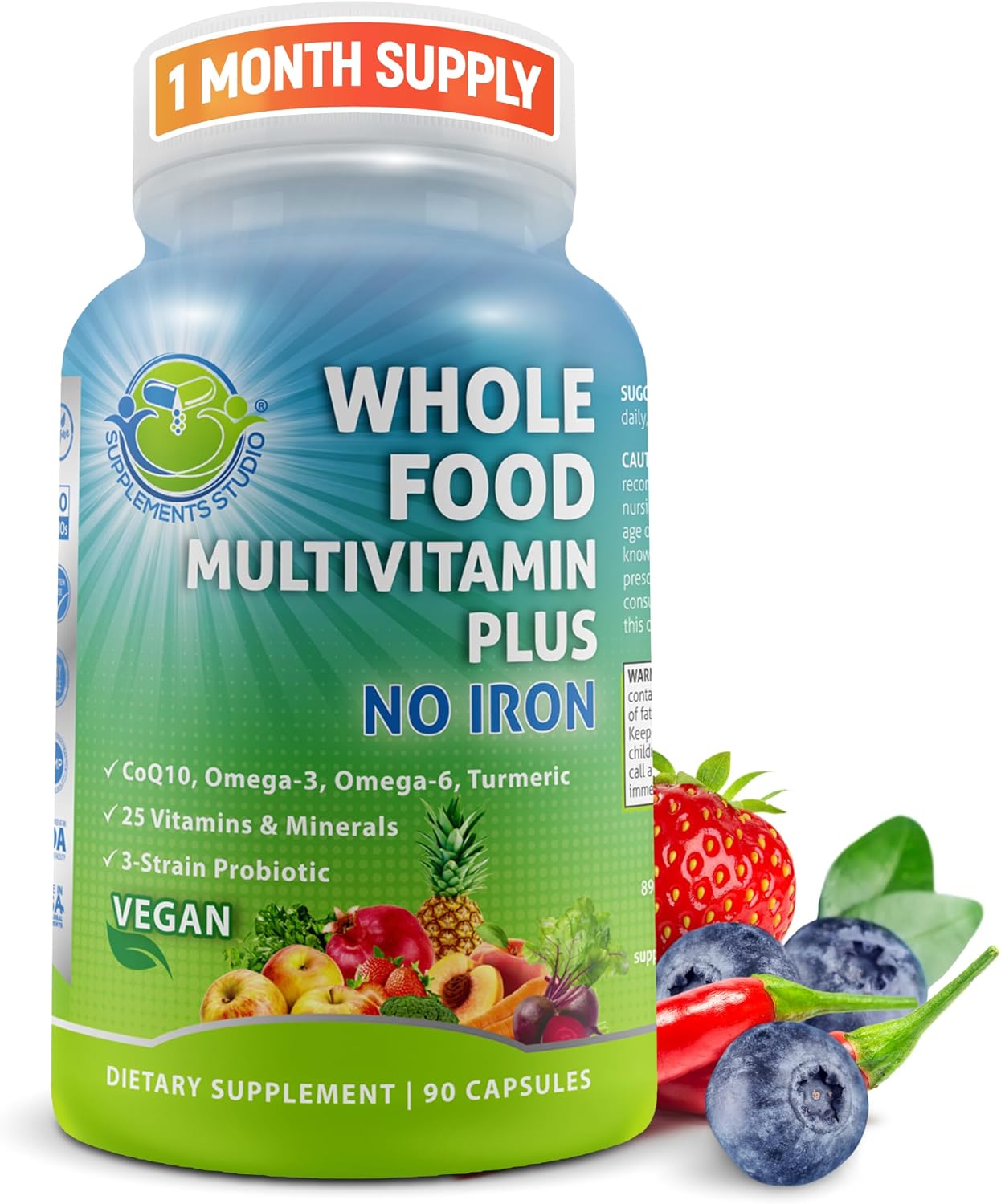 Multivitamínico vegano de alimentos integrales sin hierro, multivit...