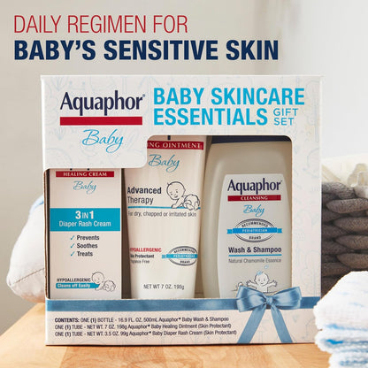 Set de regalo de productos esenciales para el cuidado de la piel del bebé Aquaphor con jabón y champú para bebé (16.9 fl oz) + ungüento curativo para piel agrietada y sarpullido por saliva (7 oz) +