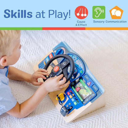 Melissa & Doug Vroom & Zoom, tablero interactivo de madera, volante de coche de carreras, luces y sonidos, juguetes de aprendizaje preescolar para niñas y niños mayores de 3 años - Certificado FSC