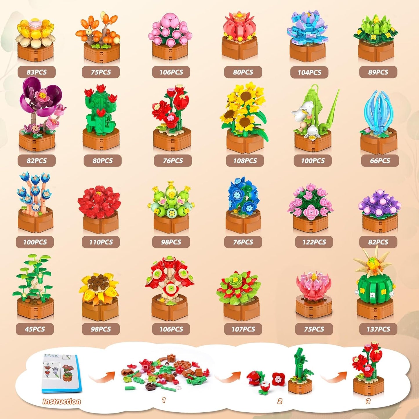 Juego de 24 flores y suculentas, 2160 piezas, colección botánica de 0.142 in, kit de mini flores para decoración del hogar, oficina, bloques de plantas, juguetes, regalos de fiesta de Pascua