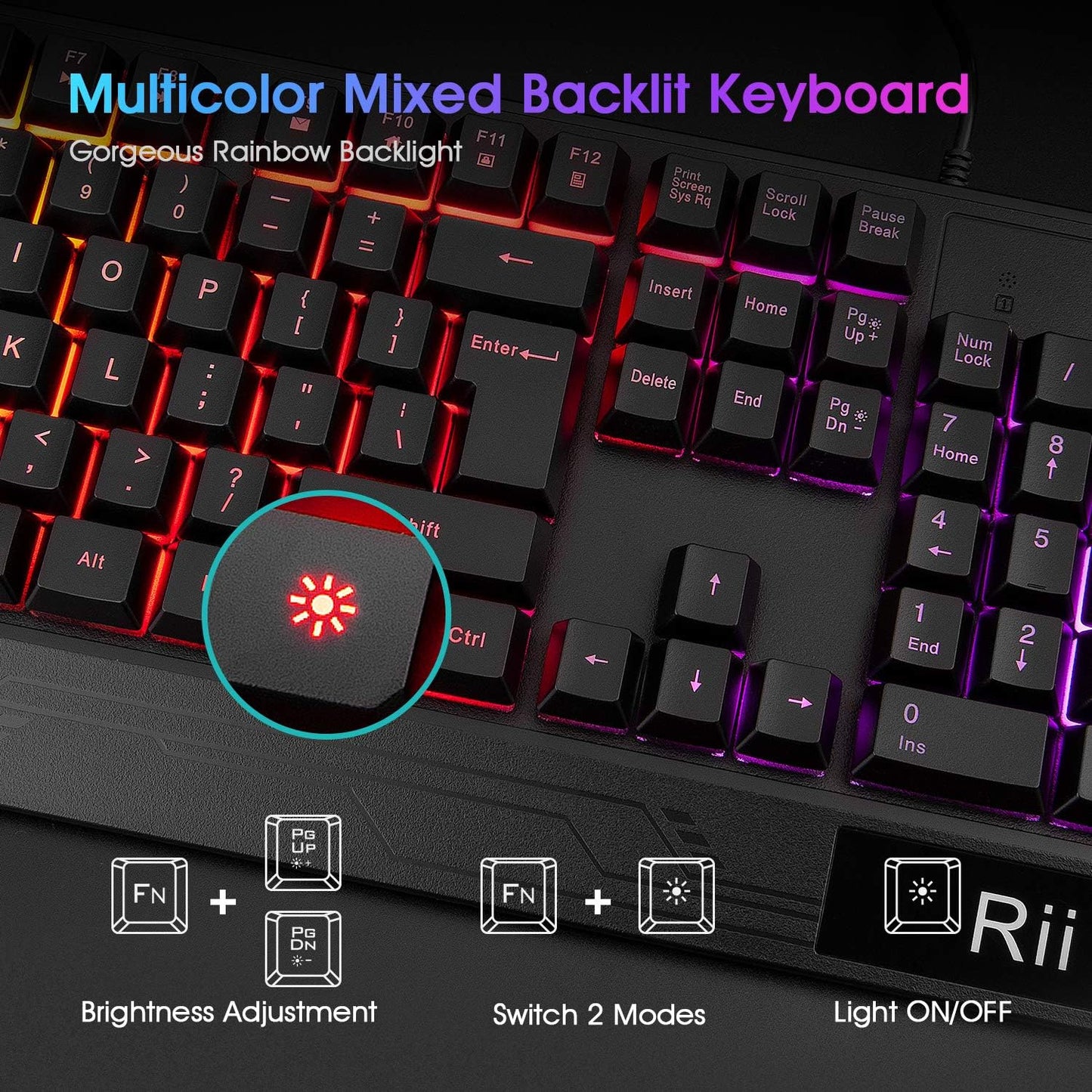 Rii, combo de teclado y mouse para juegos, teclado con cable USB, con 104 teclas, retroiluminación RGB LED con reposamuñecas para PC/Laptop (negro)