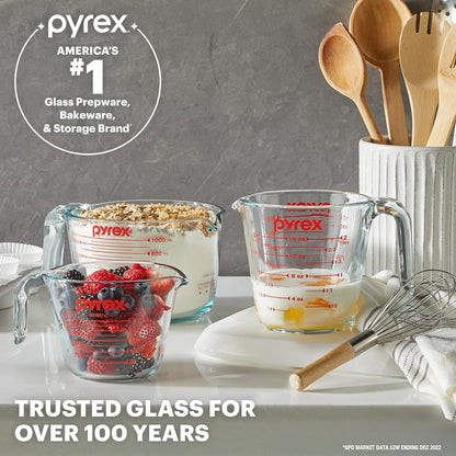 Pyrex Essentials (3-Pack) Tazas medidoras de vidrio, juego de tazas medidoras (1, 2 y 4 tazas) para preparar, hornear y cocinar, aptas para horno precalentado, lavavajillas, congelador y microondas