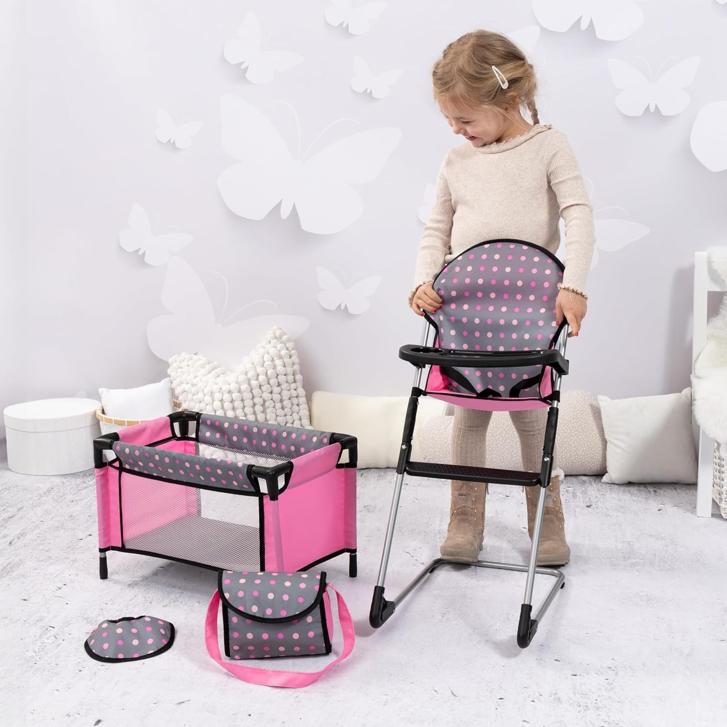 Bayer Set de Trona\/Cuna para Muñecas, Gris, Rosa con Puntos