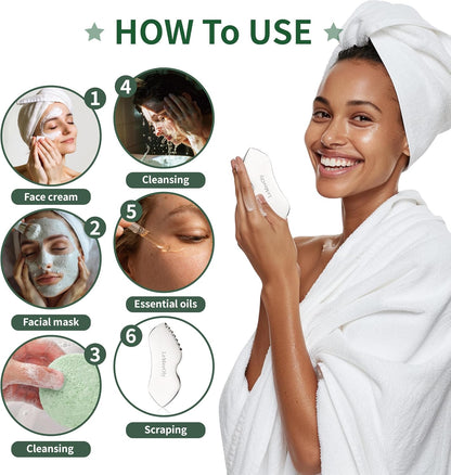 LeMeeOly Herramientas Gua Sha Faciales de Acero Inoxidable y Esponj...