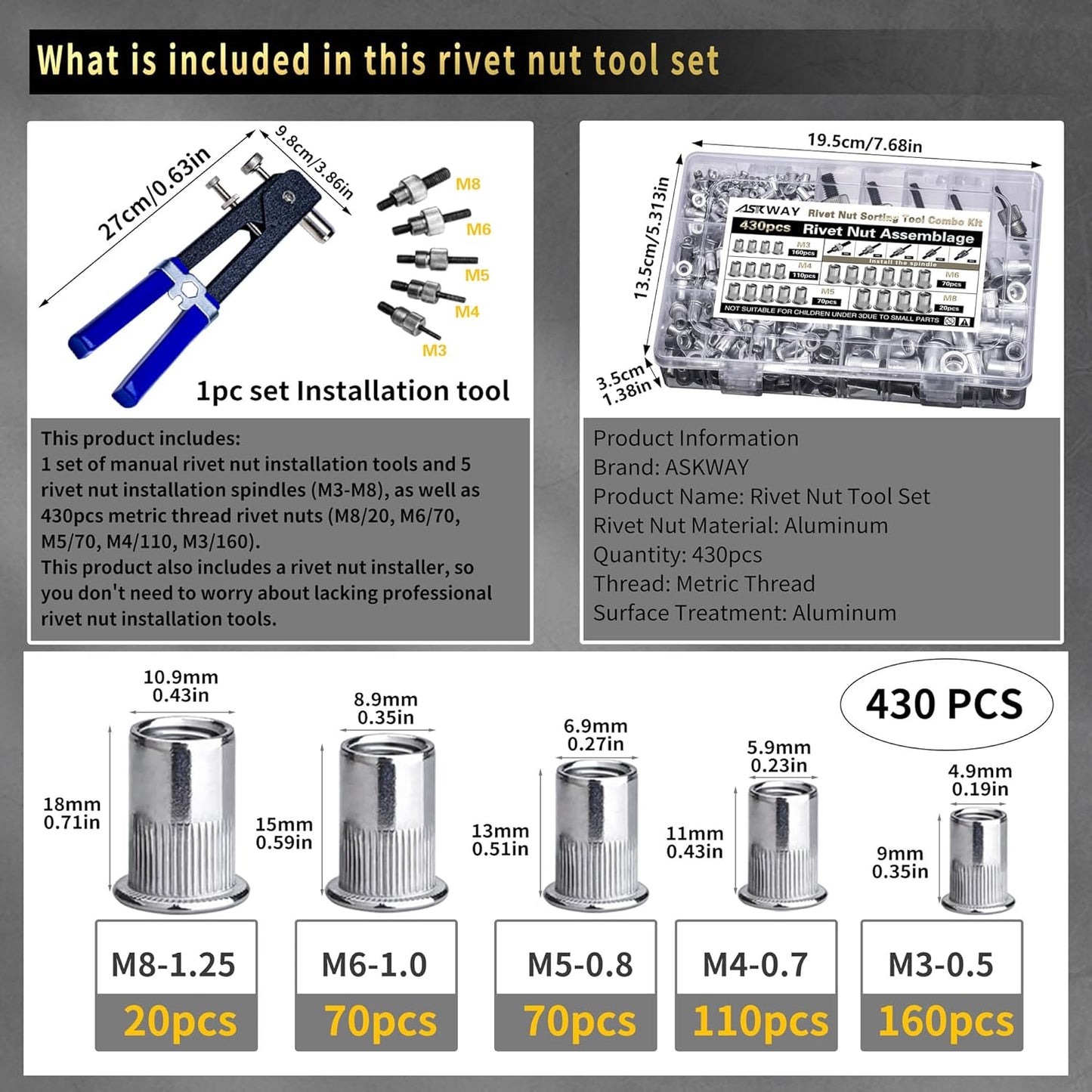 Kit de herramientas de tuerca de remache a presión, 430 piezas de c...